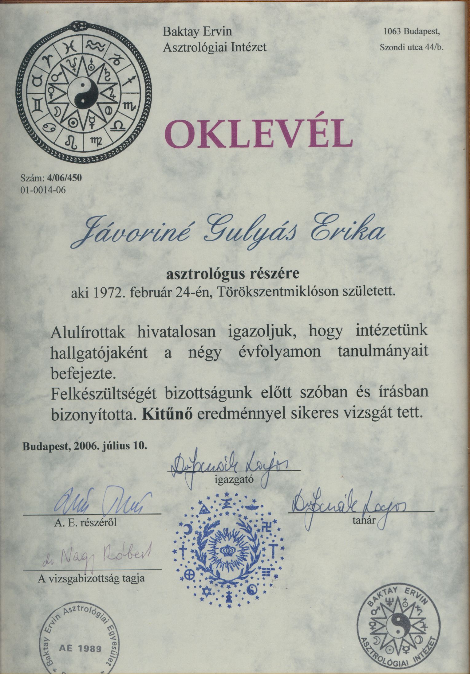 Gulyás Erika Asztrológus Diploma